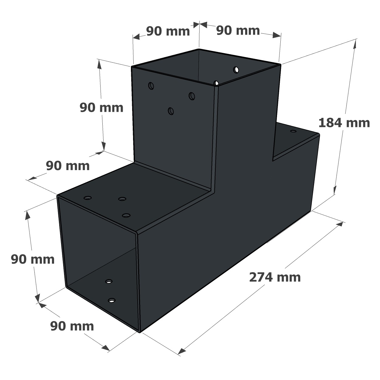 Dimensions du connecteur SUNDIY Anthracite RAL 7016 - 90mm à 3 directions - Forme L